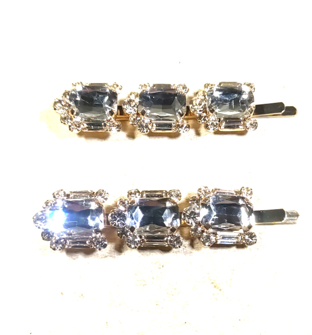 Large Rhinestone Bobby Pins Hair Barrettes Gold Tone Silver Clear Rhinestone